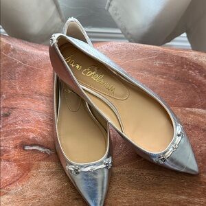 Sam Edelman Metallic Silver Pointed Ballet Flats with Horsebit Detail